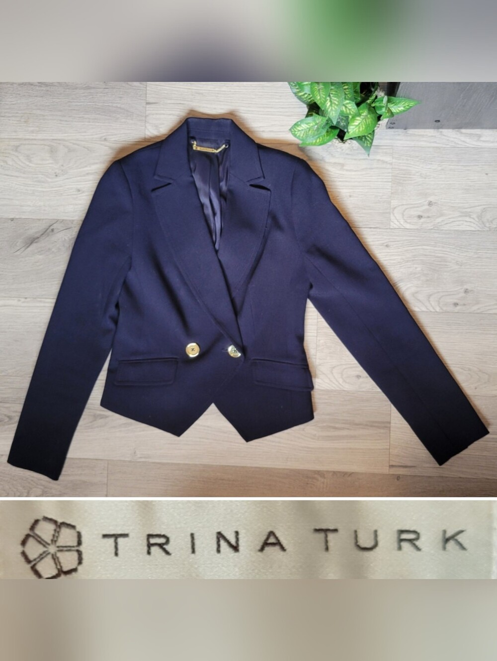 Trina Turk Johan Cropped Navy Blue & Gold Double-Breasted Blazer, Women's 2